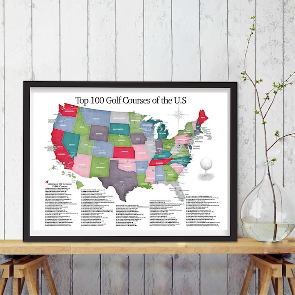 Top 100 US Golf Courses Push Pin Travel Maps Top Golf Courses USA Map Golf Course Map Track Your Golfing Adventures Digital Prints