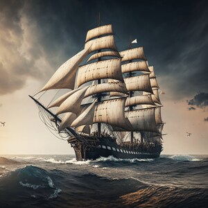 May include: A large, black sailing ship with white sails, navigating through choppy, dark blue waters under a dramatic, stormy sky.