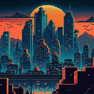 Digital Pixel City Illustration - Instant Art Download