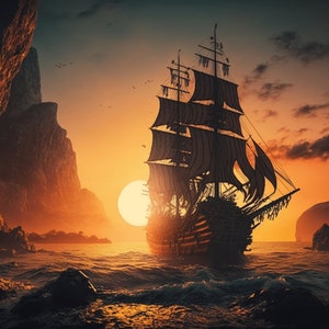 Ship at Sunset Digital Art - Instant Download