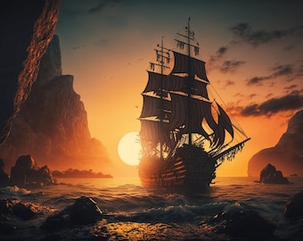 Arte digital de barco al atardecer - Descarga instantánea