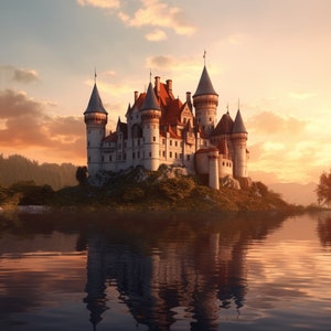May include: A white castle with red roofs and towers sits on a small island in a lake. The castle is surrounded by trees and the sky is a vibrant orange and pink.