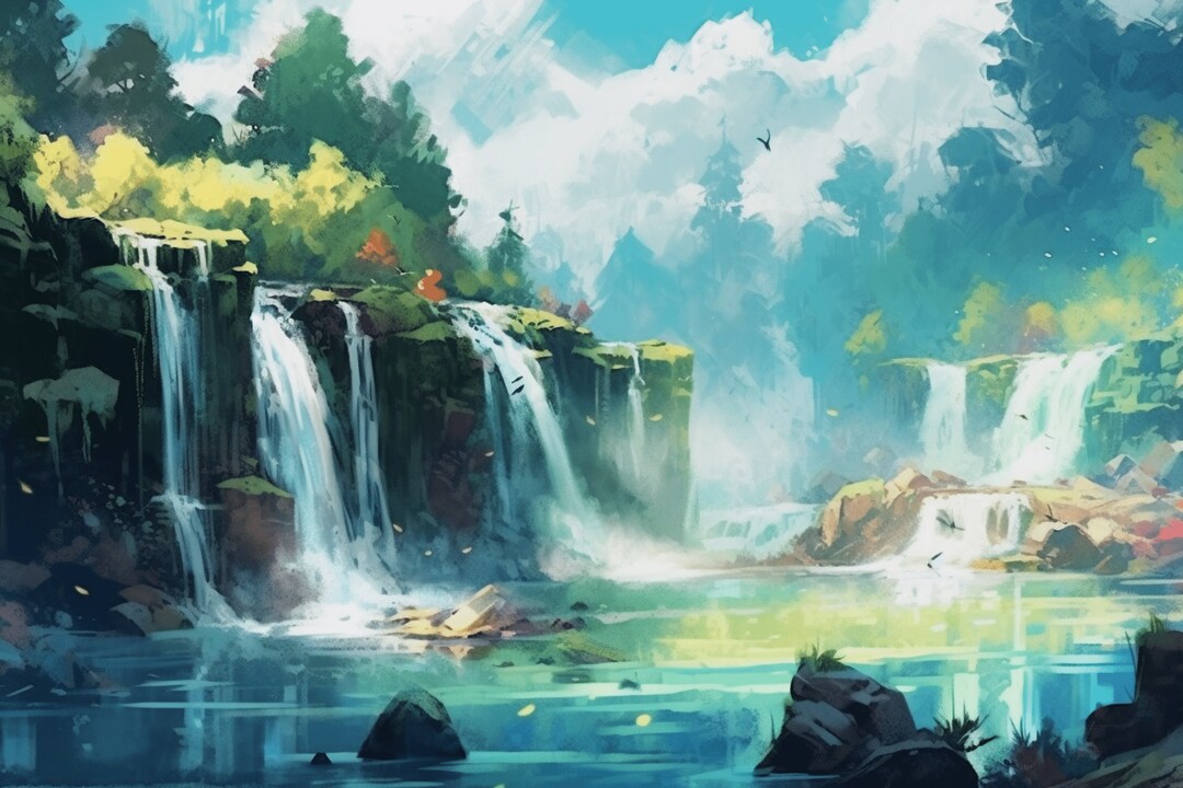 Scenic Watercolor Waterfalls Instant Download Digital Art Refreshing Nature Wall Decor Etsy