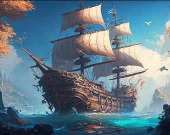 Anime Pirate Ship Printable Wall Art - Instant Download for Fans of Anime and Pirates