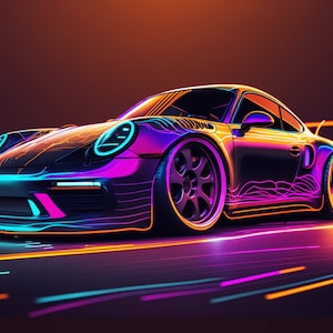 Neon Abstract Porsche Sports Car Art Fan Gift - Instant Download