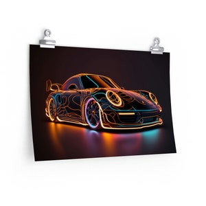 Neon Abstract Porsche Sports Car Art Fan Gift - Poster