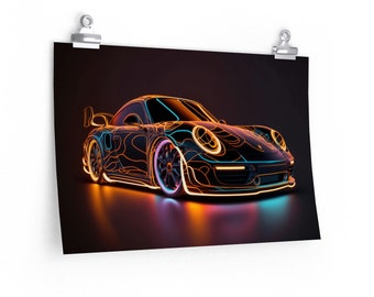 Neon Abstract Porsche Sports Car Art Fan Gift - Poster