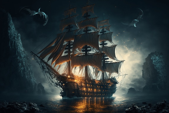 Instant Download Digital Art: Pirate Ship Painting, Printable Wall