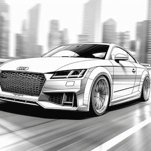 Puede incluir: Un dibujo en blanco y negro de un Audi TT RS coupé plateado conduciendo por una calle de la ciudad. El coche está en movimiento y el fondo está desenfocado.