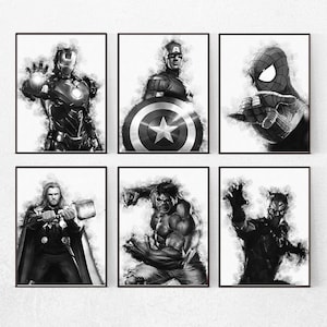 Superhero Set of Poster Prints Watercolour Black and white Gift Printable Wall Art Gallery Wall Digital Download Home