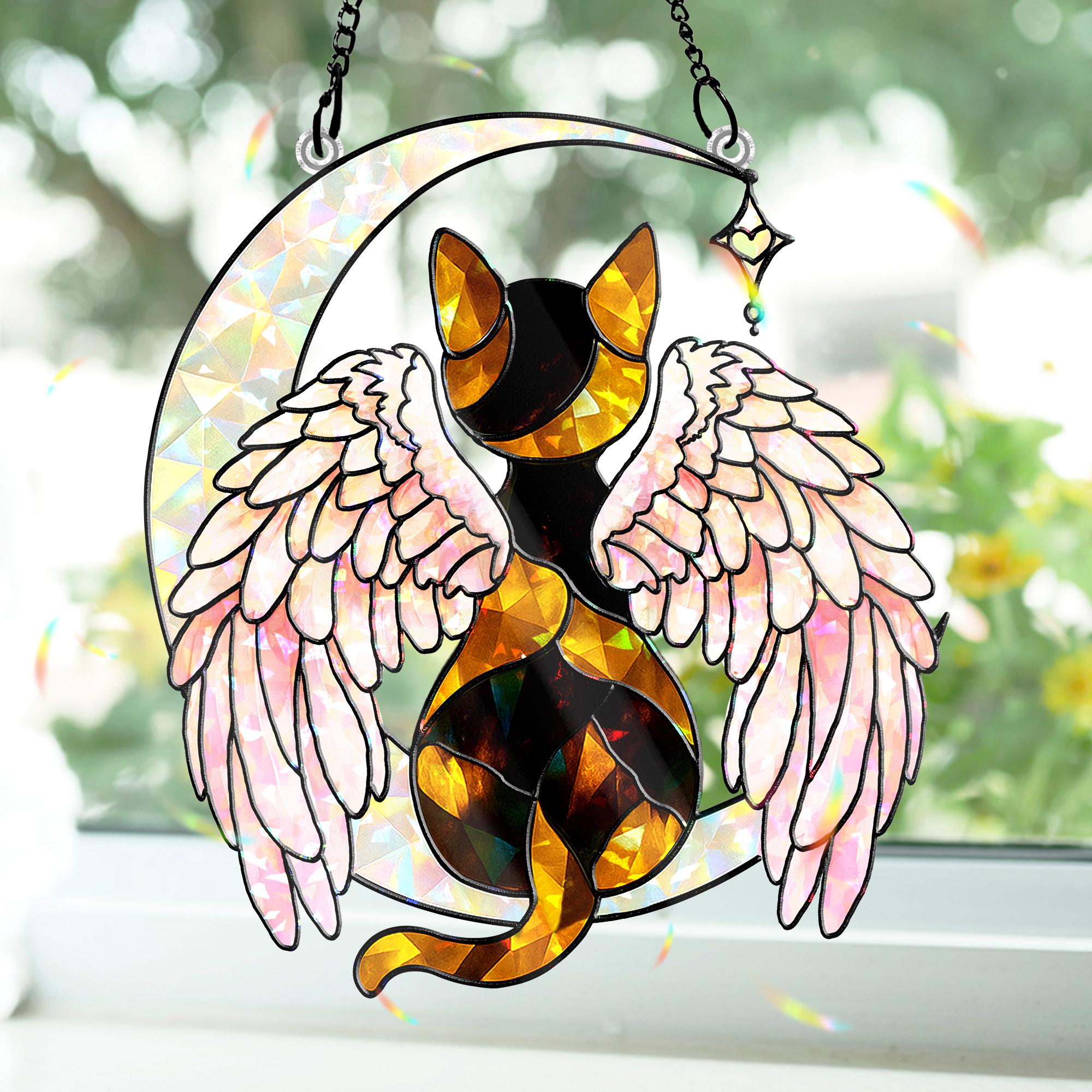Calico Cat Angel Glass Hologram Acrylic Window Hanging | Cat Memorial Loss Keepsake | Moon Wings Ornament | Calico Cat Mom Decor GHA516JIT0