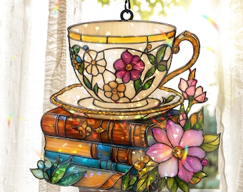 Tea and Books Glass Hologram Acrylic Suncatcher, Faux Stained Glass Window Hanging, Cozy Gift for Book Lovers GHA715TBA0