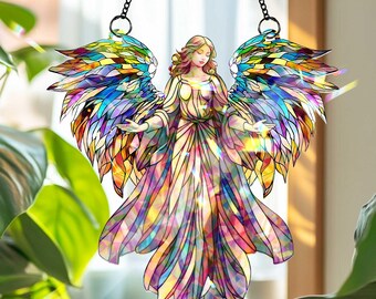 Glass Hologram Acrylic Angel Suncatcher, Colorful Rainbow Wings, Faux Stained Glass Window Hanging, Heavenly Decor Angel Lovers GHA5293HB0