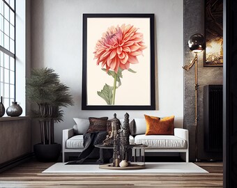 Pintura de acuarela mínima de Dahlia imprimible, casa de campo vintage, pintura de acuarela de campo imprimible, descarga digital de arte, creado por IA