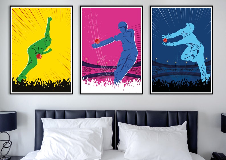 Cricket Player Poster, Cricket Player Set of 3 Prints, Cricket Wall Art, Cricket Gift, Printable, Sport, Room Decor, Batsman Bowler Fielder image 1