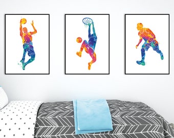 Basketball Player Poster, Basketball Player Set of 3 Prints, Watercolor Basketball Wall Art, Printable, Sport, Boys Room, Teen Room, Nursery