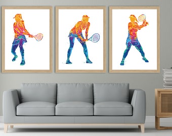 Girl Tennis Player Poster, Girl Tennis Player Set of 3 Prints, Watercolor Tennis Wall Art, Printable, Sport, Girls Room, Teen Room, Nursery