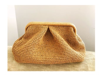 Raffia Crochet Clutch Bag,Woven Straw Handbag,Clutch Bag With Hidden Metal Elegant Crocheted,Chic Straw Clutch Purse,Great Holiday Present