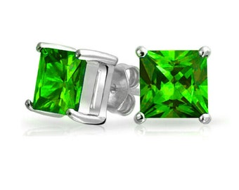 Stud Earrings, 925 Sterling Silver Princess Cut Emerald Cubic Zirconia Stud Earrings Women's, Women's Earrings, Solitaire Earrings