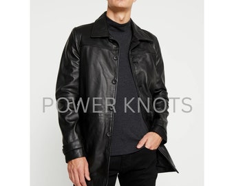 Abrigo de cuero negro para conducir para hombre, gabardina de cuero negro para hombre, abrigo largo de cuero negro para hombre, abrigo de cuero negro, gabardina de cuero para hombre