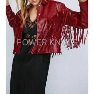Women&#39;s Blood Red Solid Casual Motorcycle Biker Fringe/Tassel Leather Jacket, Women&#39;s Red Fringe Biker Jacket, Red Fringe Leather Jacket