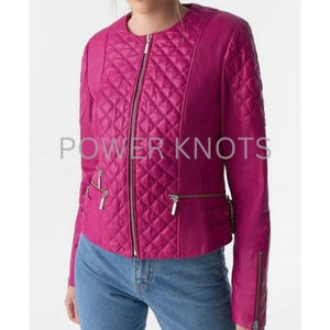 Women&#39;s Fuchsia Pink Solid Casual Motorcycle Biker Quilted Round Neck Leather Jacket, Women&#39;s Pink Biker Jacket, Women&#39;s Pink Leather Jacket