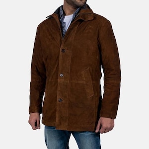Gabardina larga de cuero a medida de ante marrón para hombre, gabardina de cuero estilo vaquero para hombre, gabardina de cuero estilo sheriff para hombre, gabardina de cuero estilo vaquero de ante marrón