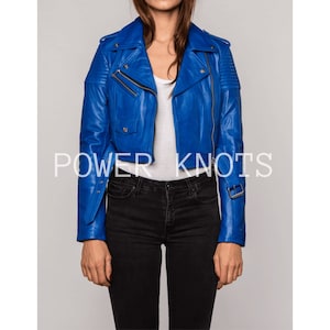 Women's Royal Blue Solid Cropped Motorcycle Biker Leather Jacket with Petite Belt, Women's Blue Biker Jacket, Women's Blue Leather Jacket