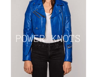 Women's Royal Blue Solid Cropped Motorcycle Biker Leather Jacket with Petite Belt, Women's Blue Biker Jacket, Women's Blue Leather Jacket