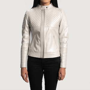 Women Ivory White Solid Casual Motorcycle Biker Padded Leather Jacket, Women&#39;s White Biker Leather Jacket, Women Ivory White Quilted Jacket