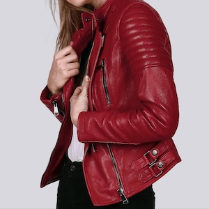 Women&#39;s Blood Red Solid Casual Motorcycle Biker Leather Jacket, Women&#39;s Red Biker Jacket, Women&#39;s Red Leather Jacket, Women&#39;s Red Jacket