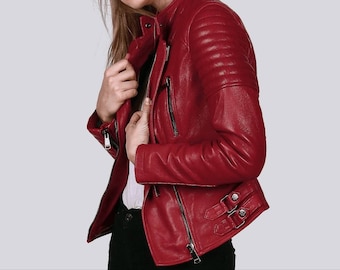 Chaqueta de motociclista de cuero rojo sangre para mujer, chaqueta de motociclista roja para mujer, chaqueta de cuero roja para mujer, chaqueta roja para mujer