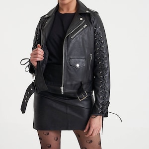 Women&#39;s Black Solid Casual Motorcycle Biker Leather Jacket with Petite Leather Belt and Laced Sleeve Detail, Women&#39;s Black Leather Jacket