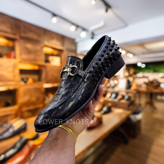 Men's Luxury Handmade Bespoke Italian Black Alligator Reptile Textured Black Spike Studded Genuine Leather Moccasin Loafers,Black Croc Shoes