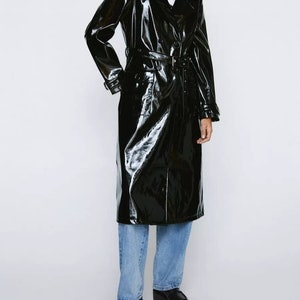Women&#39;s Black Patent Double Breasted Leather Long Coat / Trench Coat ,Women&#39;s Glossy Black Leather Coat, Women&#39;s PVC Vinyl Effect Long Coat