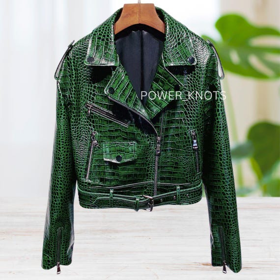 Women's Cactus Green Croc Emboss Effect Black Tipped Motorcycle