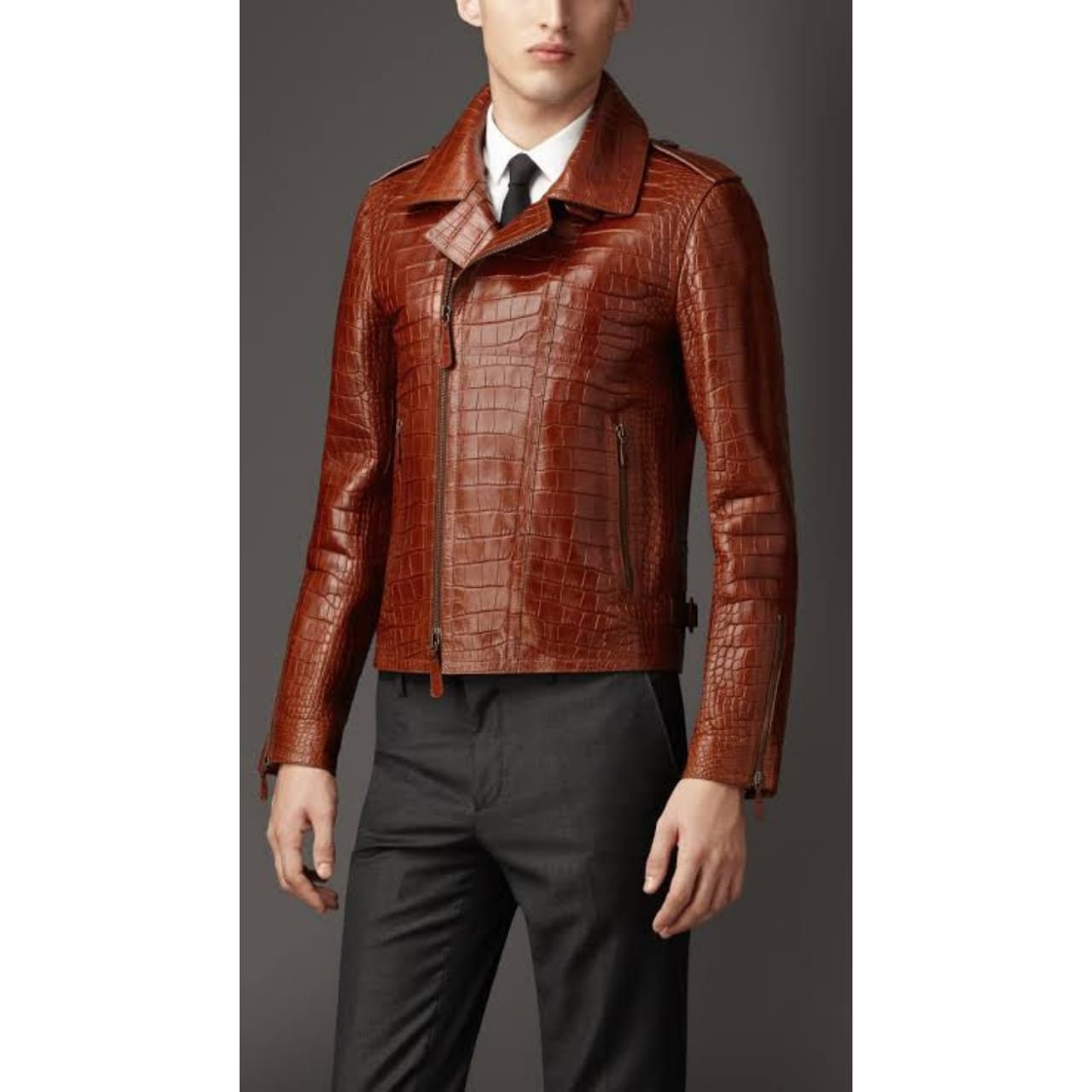 Men's Vintage Brown Croc Embossed Effect Slim Fit Motorcycle Biker Leather Jacket, Men's Vintage Tan Croc Jacket, Men's Croc Leather Jacket