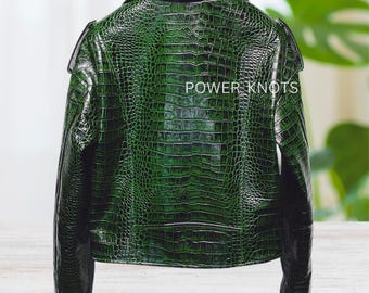 Women's Cactus Green Croc Emboss Effect Black Tipped Motorcycle
