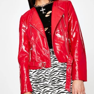 Women&#39;s Shiny Red Patent Motorcycle Biker Leather Jacket, Women&#39;s Red Biker Leather Jacket, Women Red PVC Vinyl Effect Real Leather Jacket