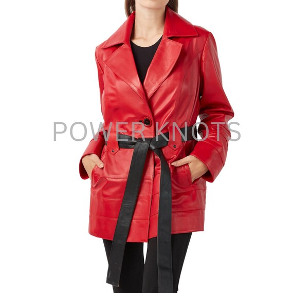 Women's Red Solid Leather Long Coat / Trench Coat, Women's Red