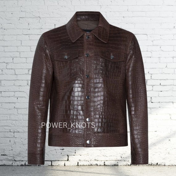 Men's Brown Croc Emboss Motorcycle Biker Genuine Trucker Leather