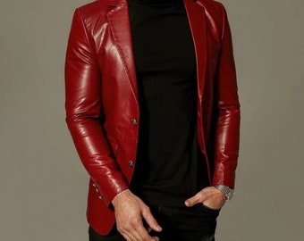 Men's Blood Red Slim Fit Business Leather Blazer, Men's Red Leather Blazer, Men's Red Leather Coat, Red Leather Jacket for Men, Red Blazer