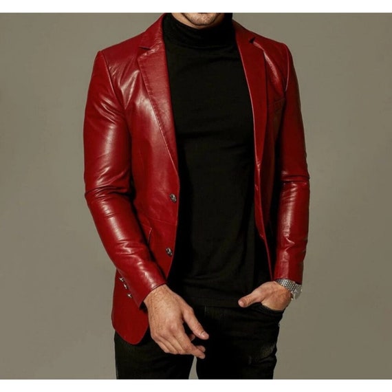 Men s Dark Red Slim Fit Business Leather Blazer Men s Red Leather Blazer Men s Red Leather Coat Red Leather Jacket for Men Red Blazer
