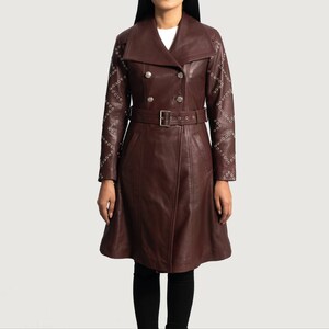 Women&#39;s Maroon Burgundy Double Breasted Leather Long Coat, Women&#39;s Maroon Burgundy Double Breasted Leather Trench Coat, Women&#39;s Brown Jacket