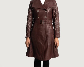 Cappotto lungo in pelle doppiopetto bordeaux bordeaux da donna, Trench in pelle doppiopetto bordeaux bordeaux da donna, Giacca marrone da donna
