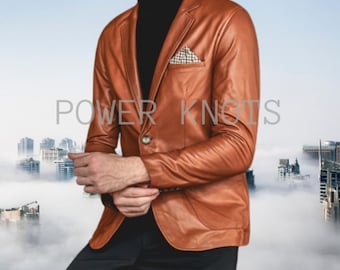 Men's Tan Brown Tailored Business Leather Blazer, Men's Brown Leather Blazer, Men's Tan Brown Leather Coat, Groom Wedding Blazer Coat Brown