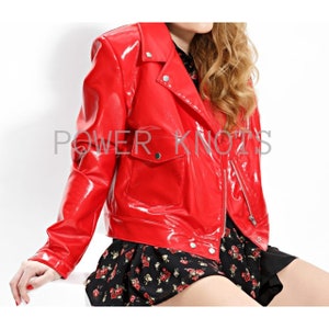 Women&#39;s Glossy Red Patent Motorcycle Biker Leather Jacket, Women&#39;s Red Biker Leather Jacket, Women Red PVC Vinyl Effect Real Leather Jacket