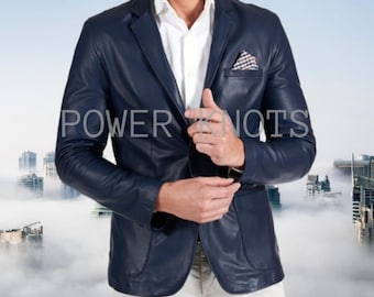 Men&#39;s Navy Blue Tailored Business Leather Blazer, Men&#39;s Blue Leather Blazer, Men&#39;s Blue Leather Coat, Groom Wedding Blazer Coat Navy Blue