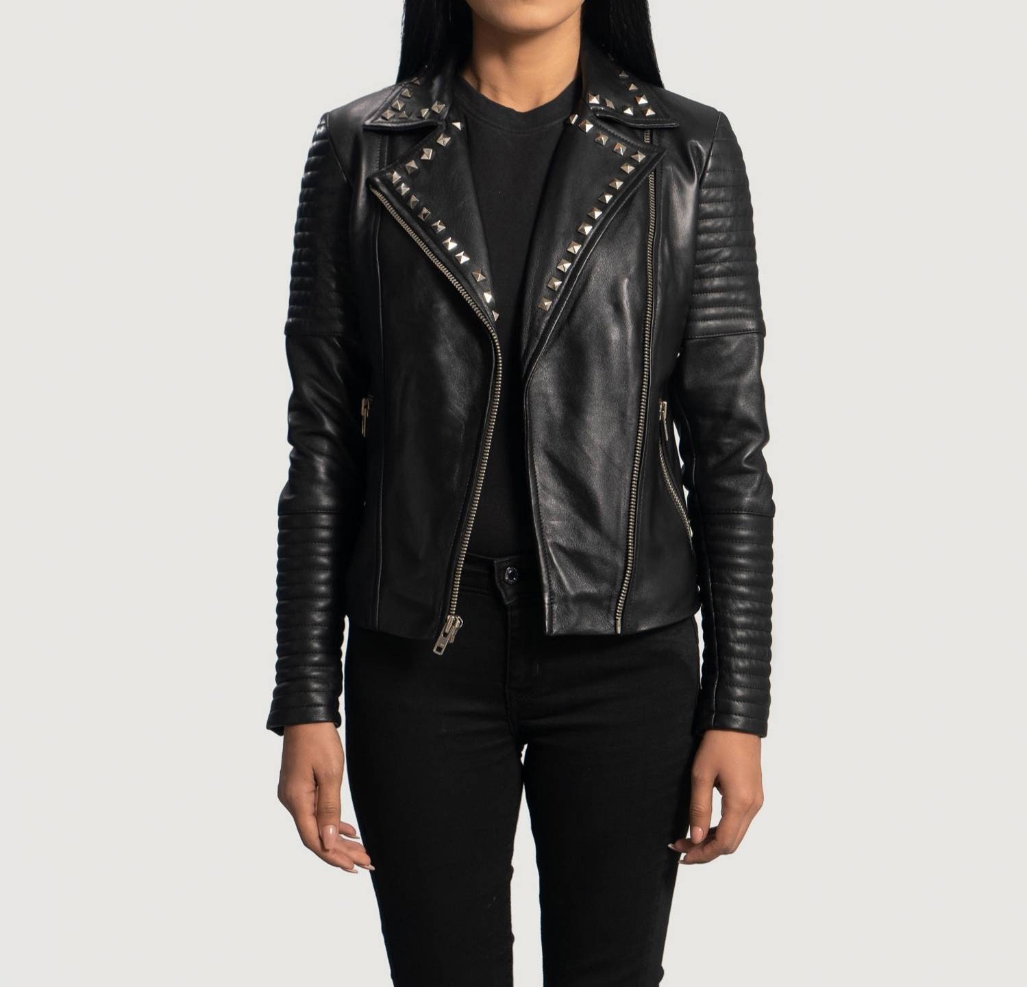 Damen Schwarz Nieten Revers Solide Lässige Maßgeschneiderte Motorrad Biker Lederjacke, Damen Schwarze Biker Jacke, Damen Schwarze Lederjacke