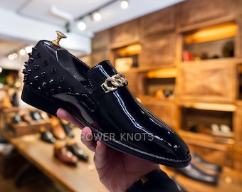 Men's Handmade Bespoke Italian Black Patent Black Spike Studded Gold Chain Buckle Genuine Leather Moccasin Loafers, Black Patent Loafers Men